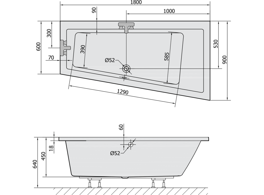 Polysan ANDRA R SLIM asymetrická vaňa 180x90x45cm, biela 78771S