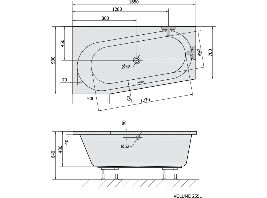 Polysan ASTRA WL asymetrická vaňa 165x90x48cm, biela 30611