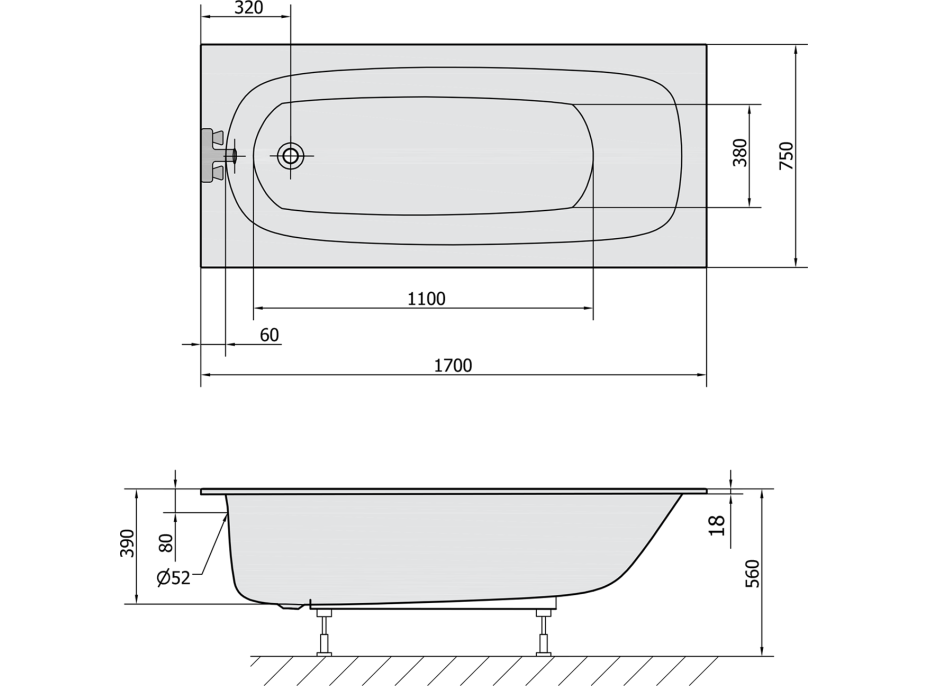 Polysan EBRO SLIM obdĺžniková vaňa 170x75x39cm, biela 26711S