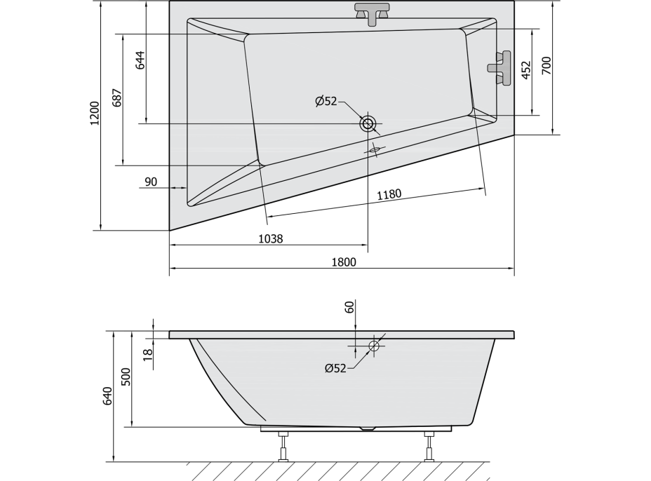 Polysan TRIANGL L SLIM asymetrická vaňa 180x120x50cm, biela 19611S