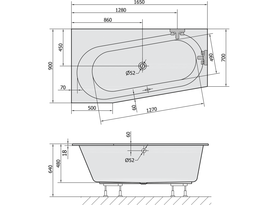 Polysan ASTRA WL SLIM asymetrická vaňa 165x90x48cm, biela 30611S