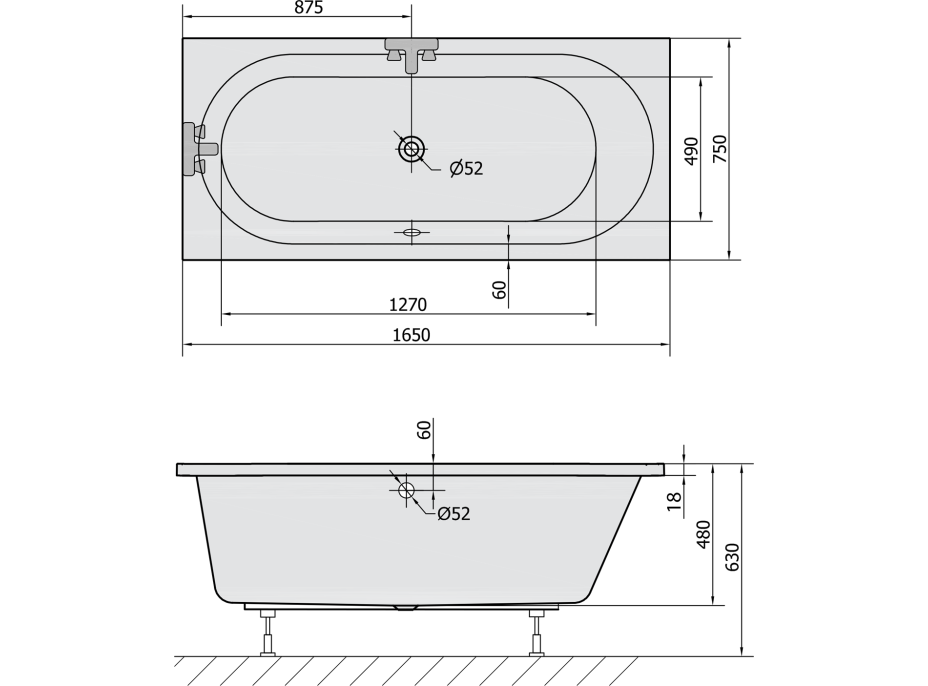 Polysan ASTRA B SLIM obdĺžniková vaňa 165x75x48cm, biela 32611S