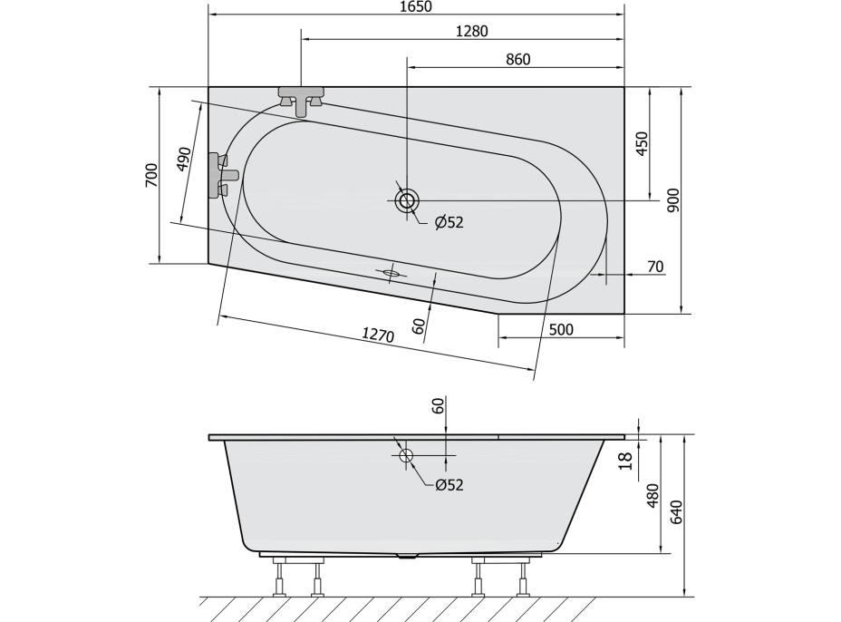 Polysan ASTRA WR SLIM asymetrická vaňa 165x90x48cm, biela 31611S