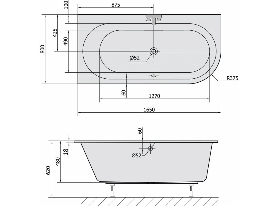 Polysan ASTRA L SLIM asymetrická vaňa 165x80x48cm, biela 33611S