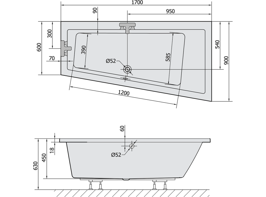 Polysan ANDRA R SLIM asymetrická vaňa 170x90x45cm, biela 81511S