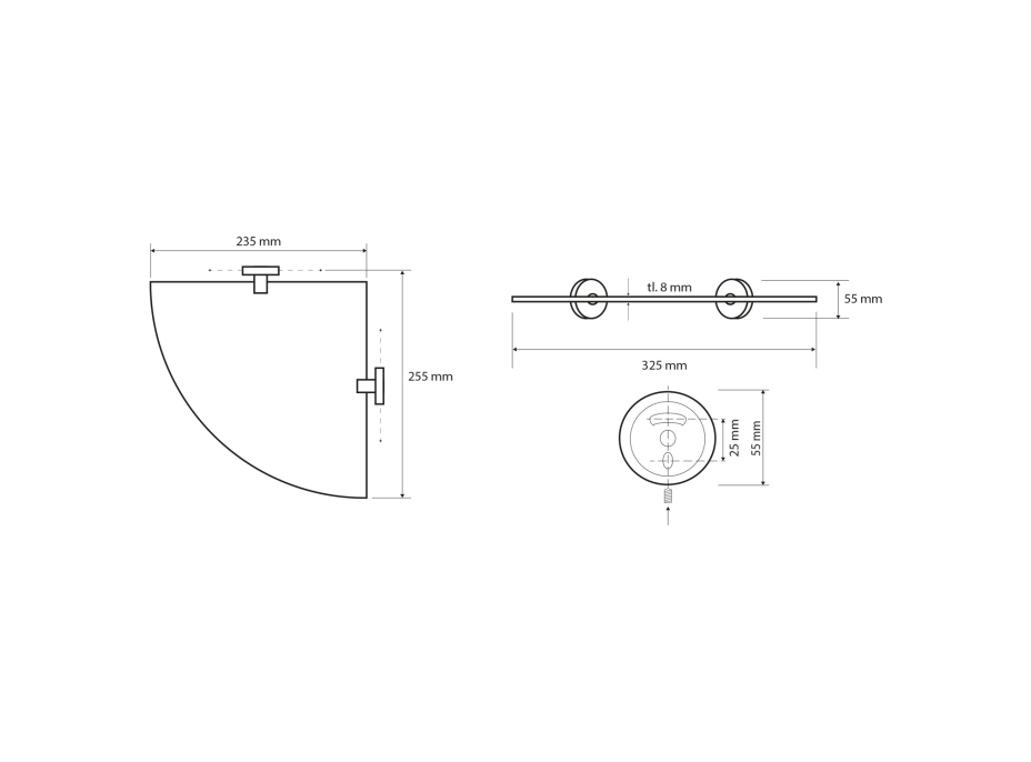 Sapho X-ROUND E sklenená polička rohová 235x255mm, chróm XR603