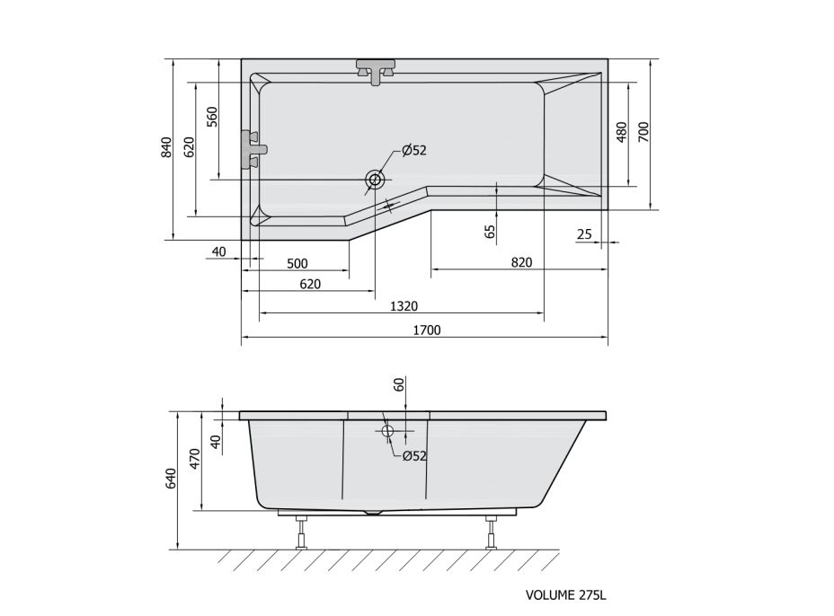 Polysan VERSYS L asymetrická vaňa 170x84x70x47cm, biela 70111