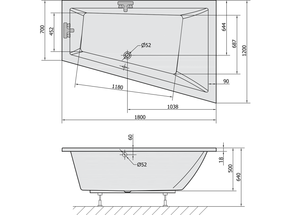 Polysan TRIANGL R SLIM asymetrická vaňa 180x120x50cm, biela 20611S