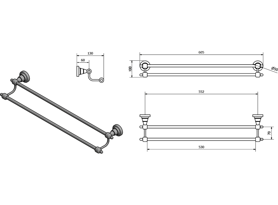 Sapho DIAMOND dvojitý držiak uterákov 600x130mm, bronz 1318-11