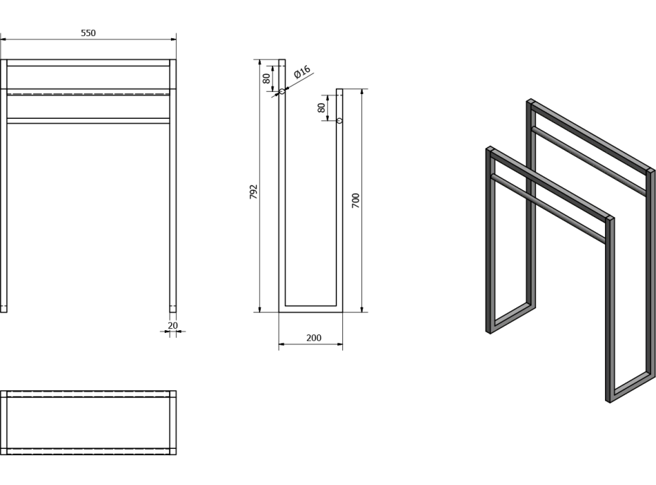 Sapho SKA stojan na uteráky 550x790x200mm, čierna mat SKA301