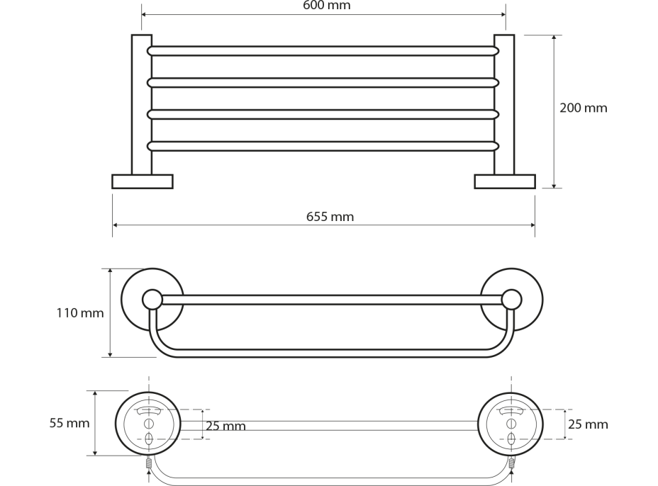 Sapho X-ROUND E polička na uteráky s hrazdou 600mm, chróm XR415