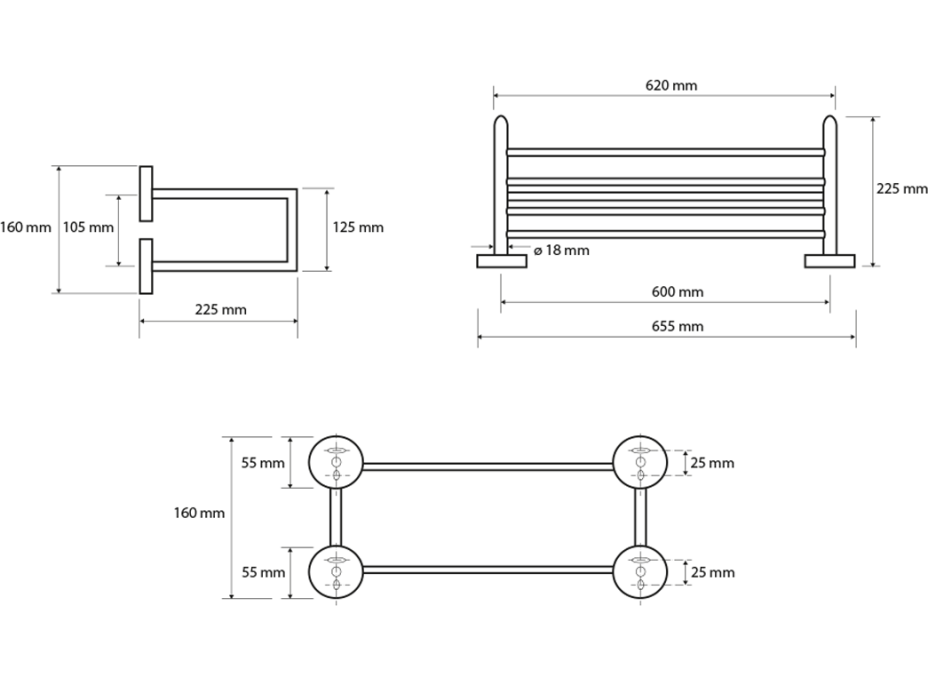 Sapho X-ROUND polička na uteráky dvojitá s hrazdou 600x160x225mm, chróm XR416