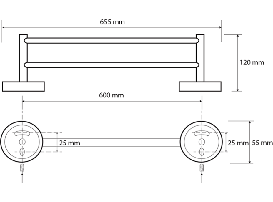 Sapho X-ROUND BLACK dvojitý držiak uterákov 600x120mm, čierna XR401B