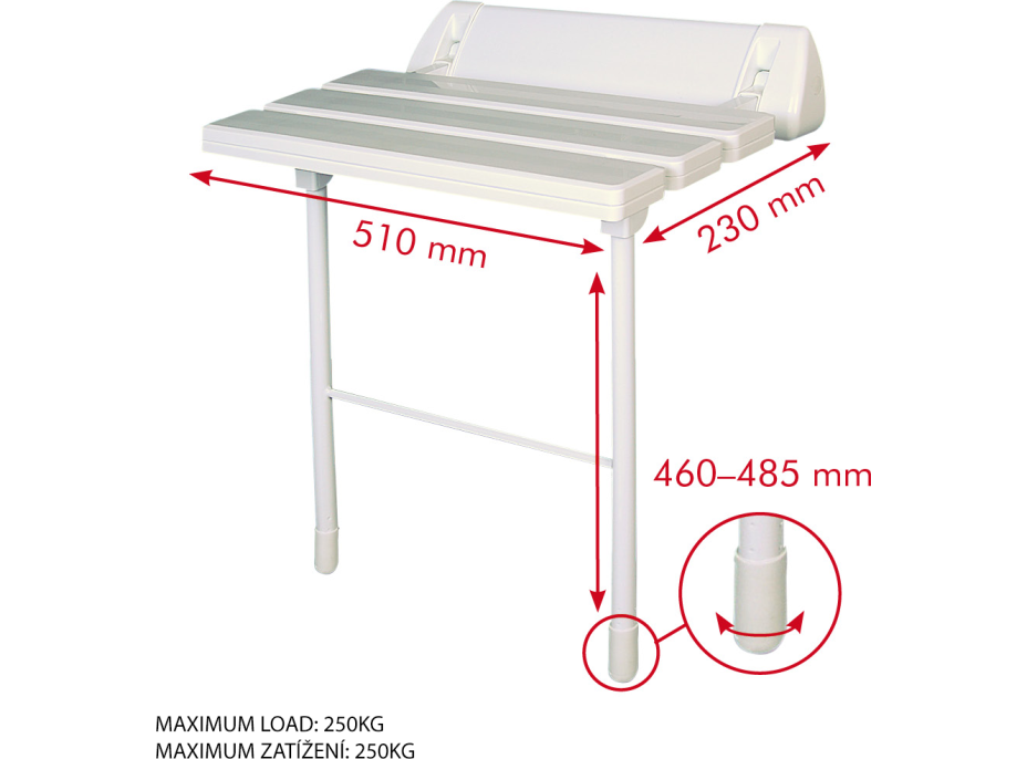 Ridder HANDICAP sklopné sedátko do sprchového kúta s podperou, 51x23cm, biela A0020301