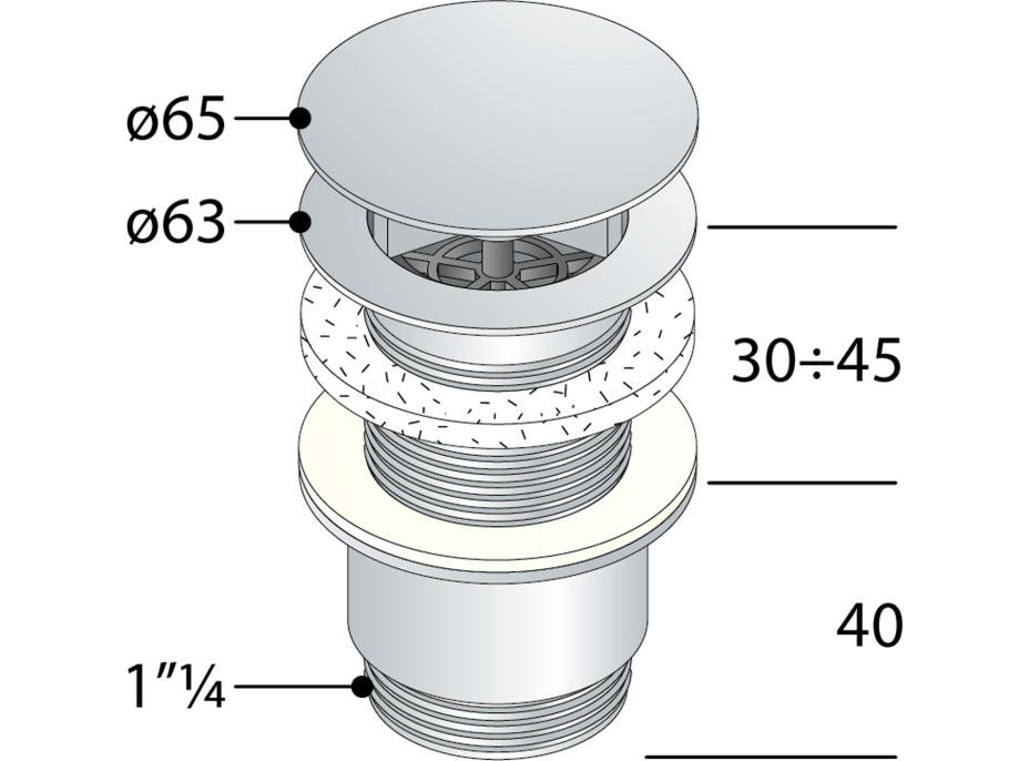 Omp Tea Umývadlová výpusť 5/4“, neuzatvárateľná, veľká krytka, hr.30-45mm, chróm 147.555.5