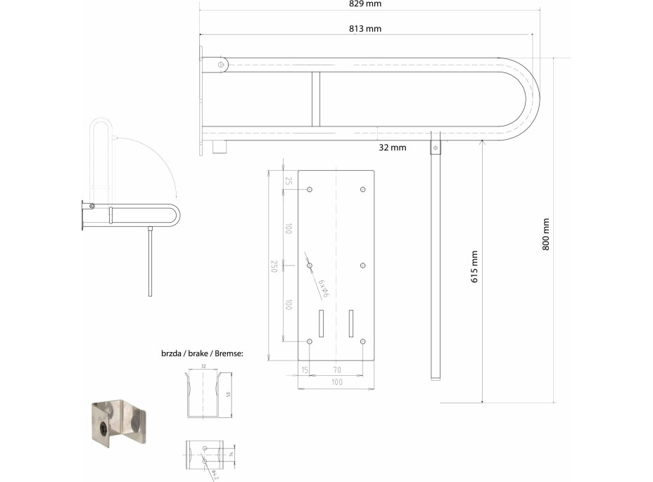 Sapho HANDICAP madlo sklopné s opornou nohou 813mm, biela XH523W