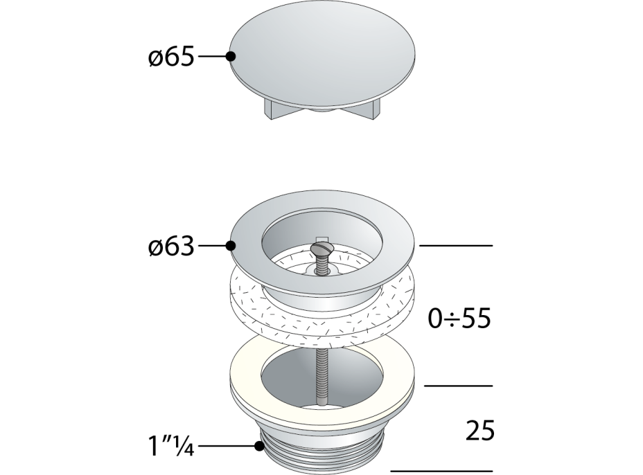 Omp Tea Umývadlová výpusť 5/4“, neuzatvárateľná, veľká krytka, hr.10-55mm, chróm 542.742.5