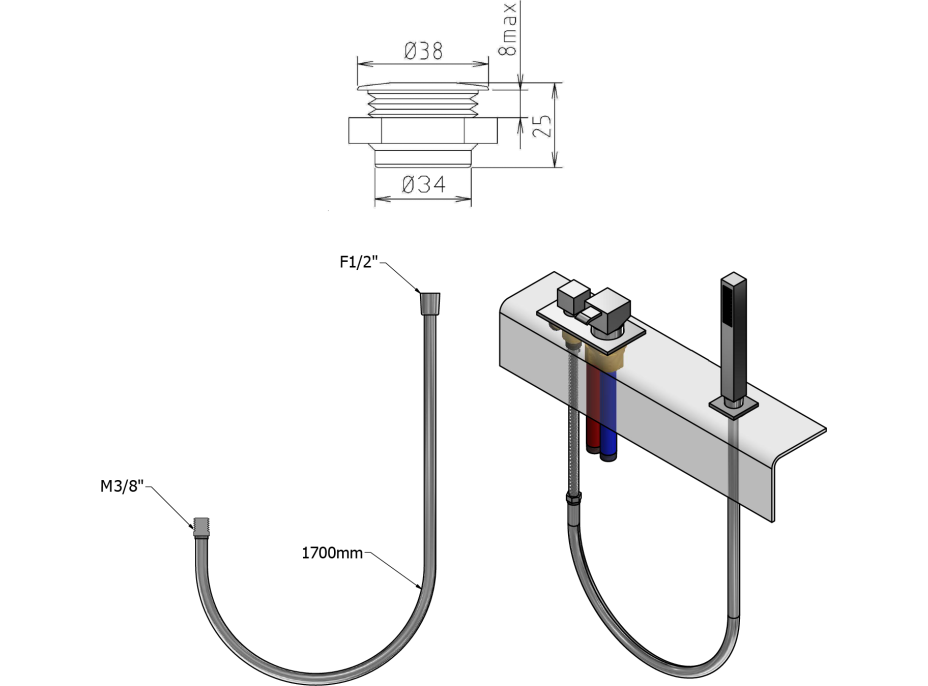 Sapho Sprchová priechodka na okraj vane vrátane hadice F1/2"-M3/8", hranatá, chróm 1205-11