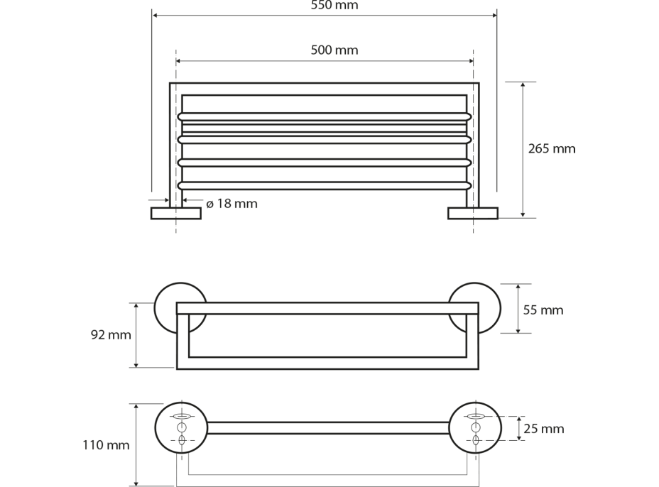 Sapho X-ROUND WHITE polička na uteráky s hrazdou 500mm, biela XR421W