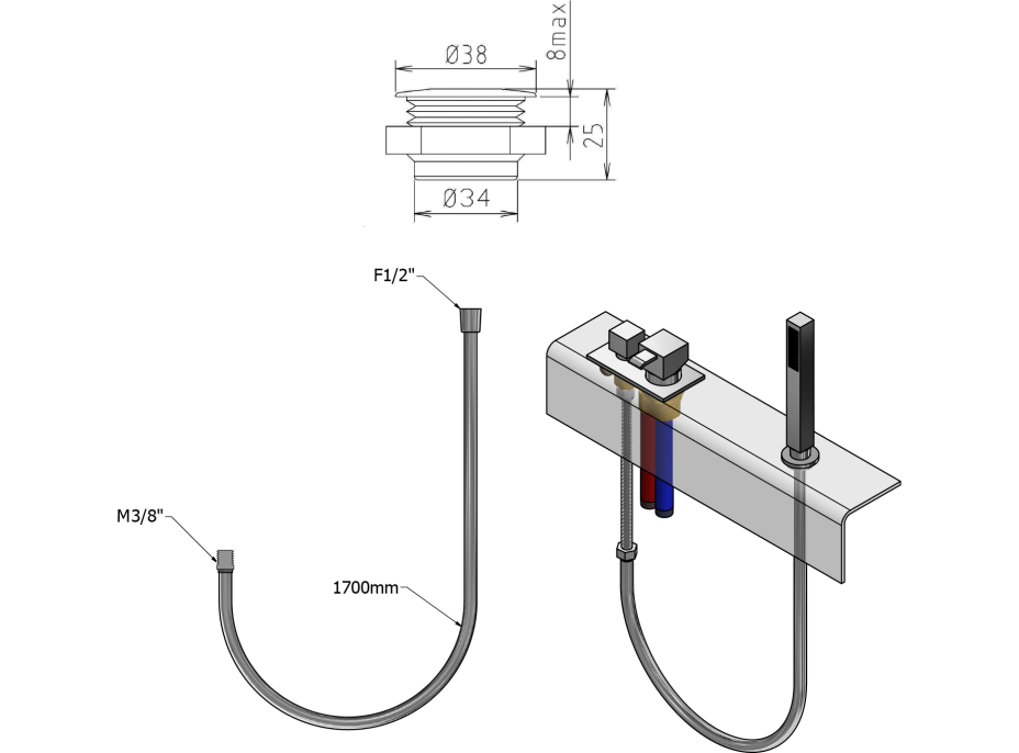 Sapho Sprchová priechodka na okraj vane vrátane hadice F1/2"-M3/8", guľatá, chróm 1205-04