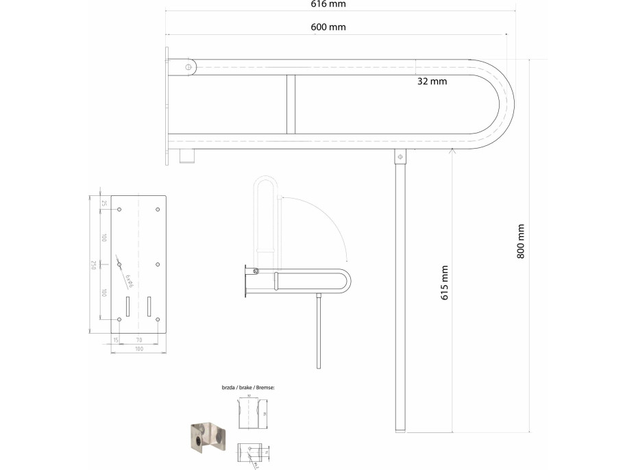 Sapho HANDICAP madlo sklopné s opornou nohou 600mm, nerez lesk XH521