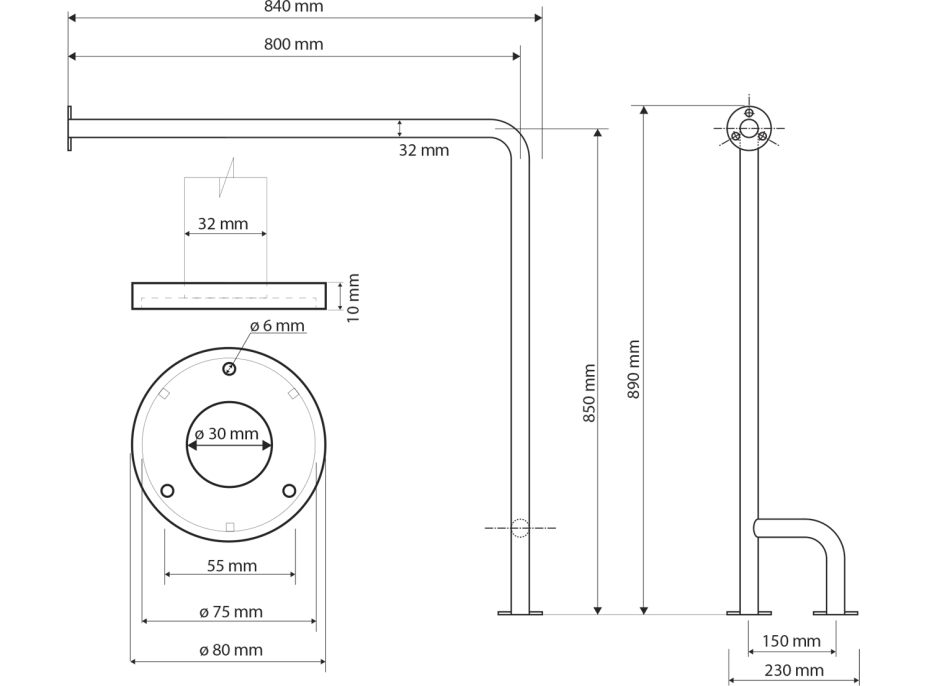 Sapho HANDICAP oporné madlo PRAVÉ 800x850mm, nerez lesk XH528