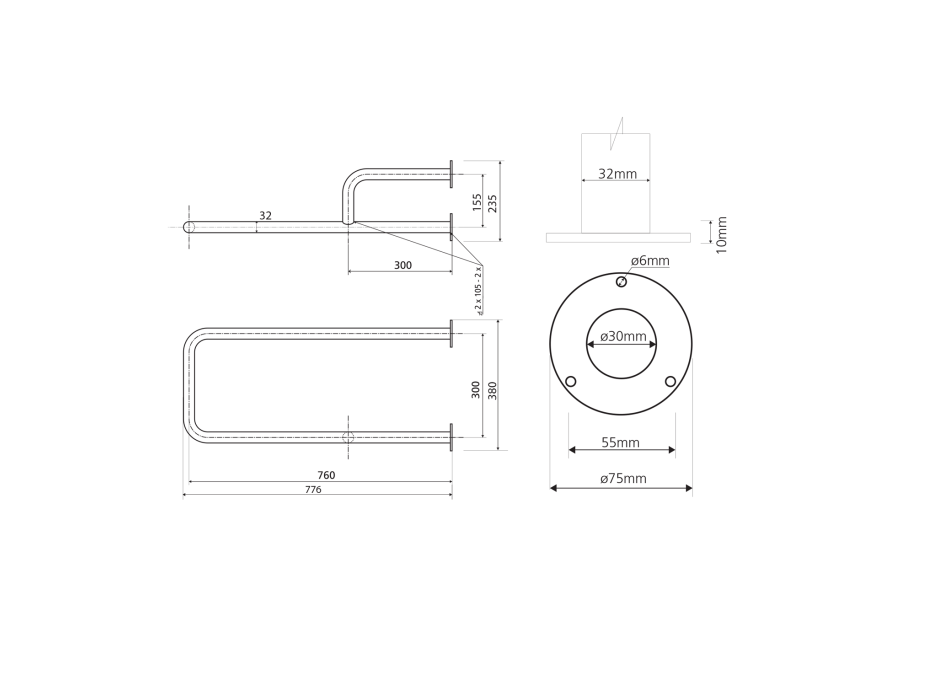 Sapho HANDICAP podperné madlo PRAVÉ 760mm, nerez lesk XH536