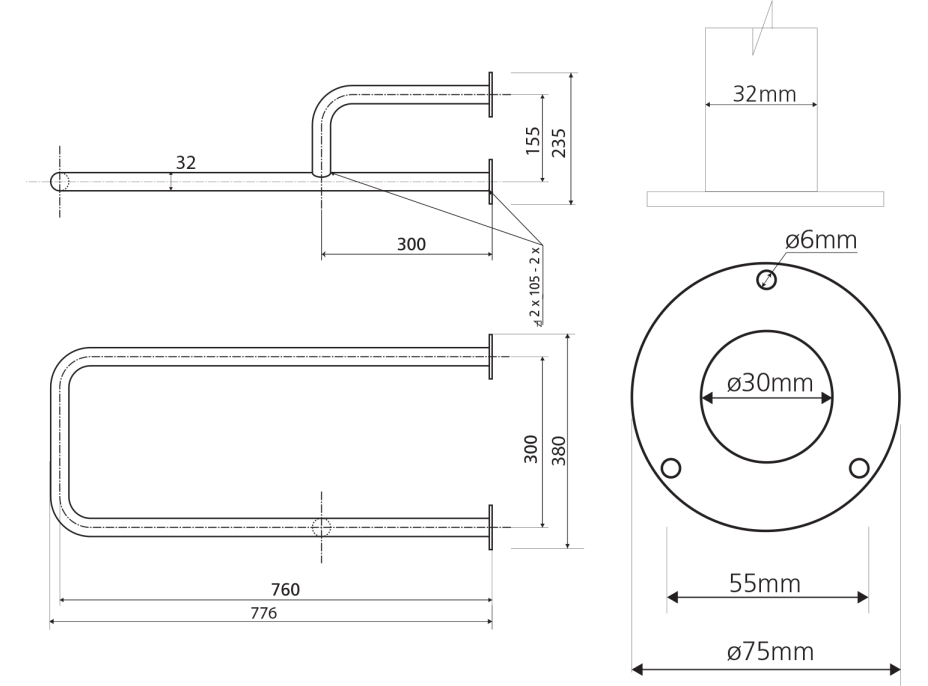 Sapho HANDICAP podperné madlo ĽAVÉ 760mm, nerez lesk XH532