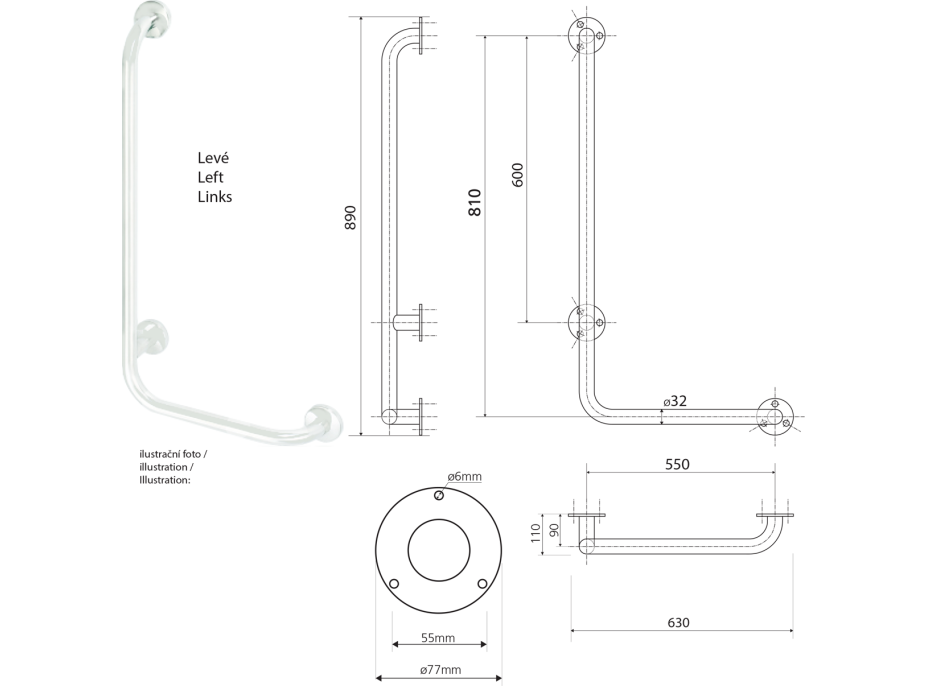 Sapho HANDICAP nástenné madlo ĽAVÉ 810x550mm, biela XH522W