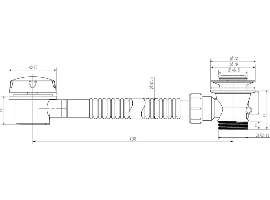 Aqualine Vaňová súprava s bovdenom, dĺžka 700mm, bez sifónu, mosadz/chróm TY1006