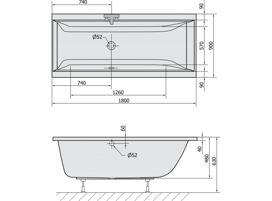 Polysan CLEO obdĺžniková vaňa 180x90x48cm, čierna mat 13111.21