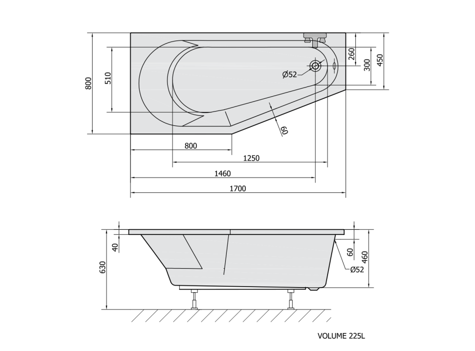 Polysan TIGRA L asymetrická vaňa 170x80x46cm, čierna mat 90111.21