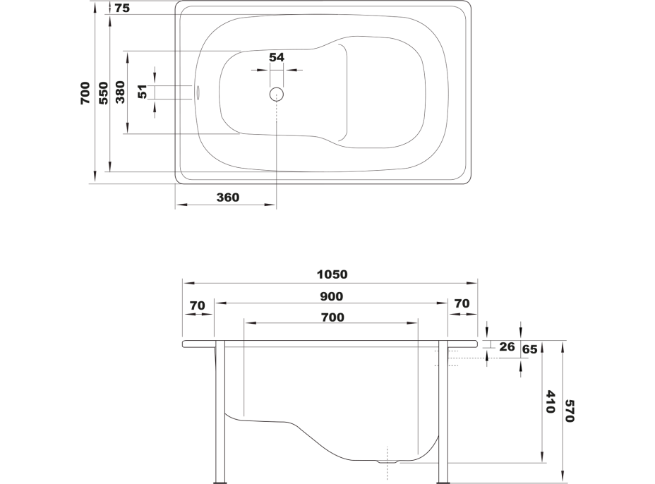 SMAVIT Sedacia smaltovaná vaňa 105x70cm, biela V105X70