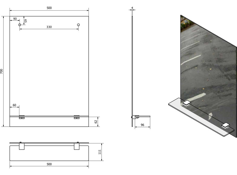 Aqualine Zrkadlo s otvormi pre policu 50x70cm, vrátane závesov 22429