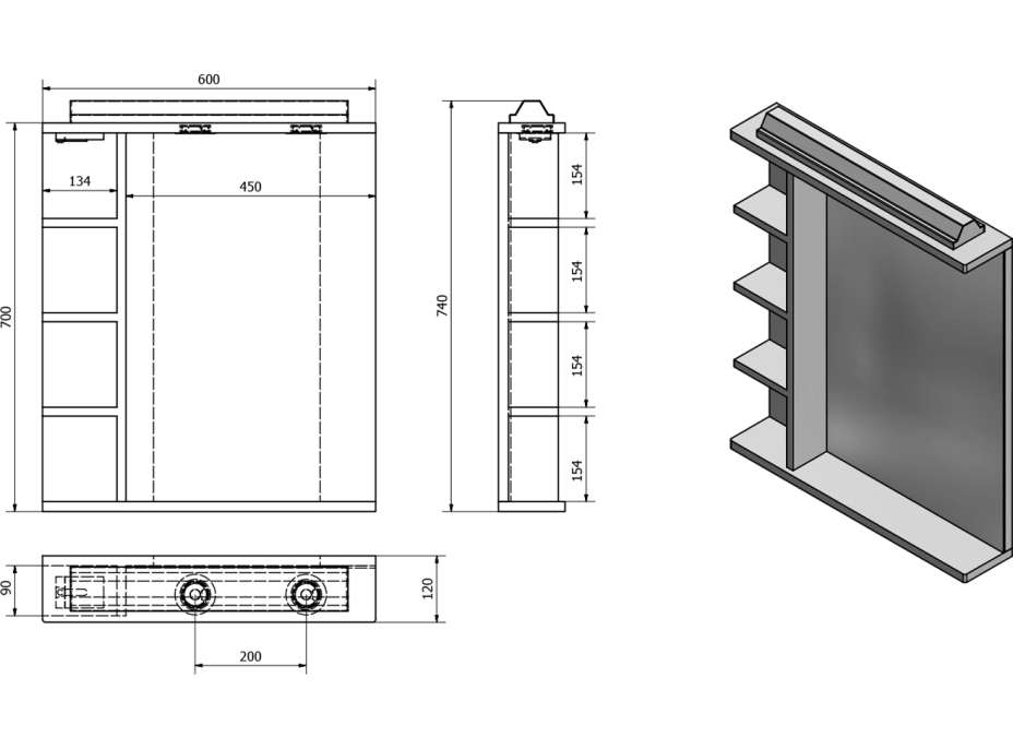 Aqualine KORIN zrkadlo s LED osvetlením, zásuvkou a policami 60x70x12cm KO377