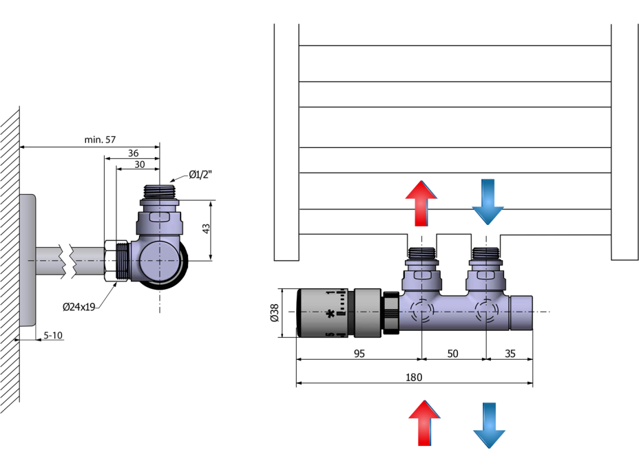 Sapho TWIN pripojovacia sada ventilov termostatická pre stredové pripojenie, ľavá, nerez mat CP3525S