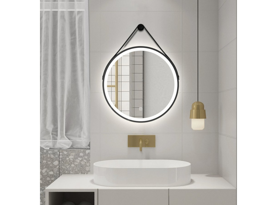 Aqualine STAGO okrúhle zrkadlo s LED osvetlením ø 60cm, kožený opasok, dotykový senzor, stmievateľné, čierna mat SG060