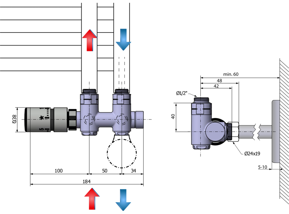 Sapho TWIN COMBI pripojovacia sada ventilov termostatická pre stredové pripojenie, ľavá, chróm CP5012S