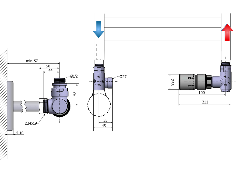 Sapho CORNER COMBI pripojovacia sada ventilov termostatická triaxiálna, pravé prevedenie, chróm CP3022S