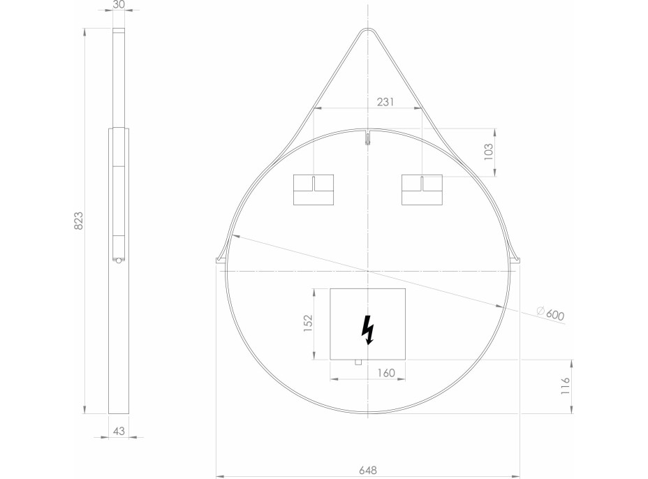 Sapho ORBITER okrúhle zrkadlo s LED osvetlením ø 60cm, kožený opasok, čierna mat ORL060