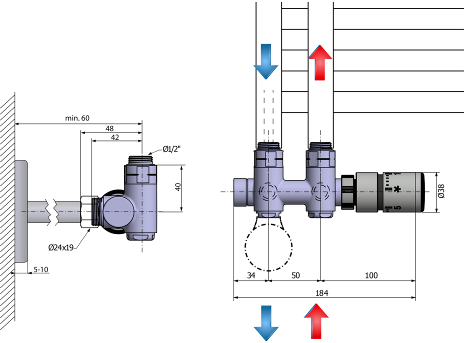 Sapho TWIN COMBI pripojovacia sada ventilov termostatická pre stredové pripojenie, pravá, nerez mat CP5510S