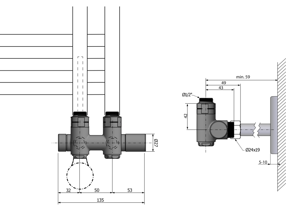 Sapho TWIN COMBI pripojovacia sada ventilov pre stredové pripojenie, pravá, chróm CP461S