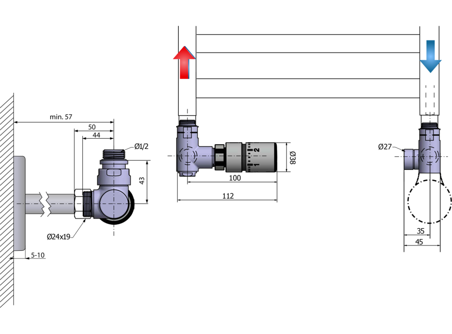 Sapho CORNER COMBI pripojovacia sada ventilov termostatická triaxiálna, ľavé prevedenie, chróm CP3021S