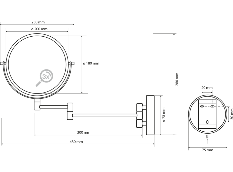 Sapho X-ROUND BLACK závesné kozmetické zrkadlo Ø 180mm, čierna XR006B