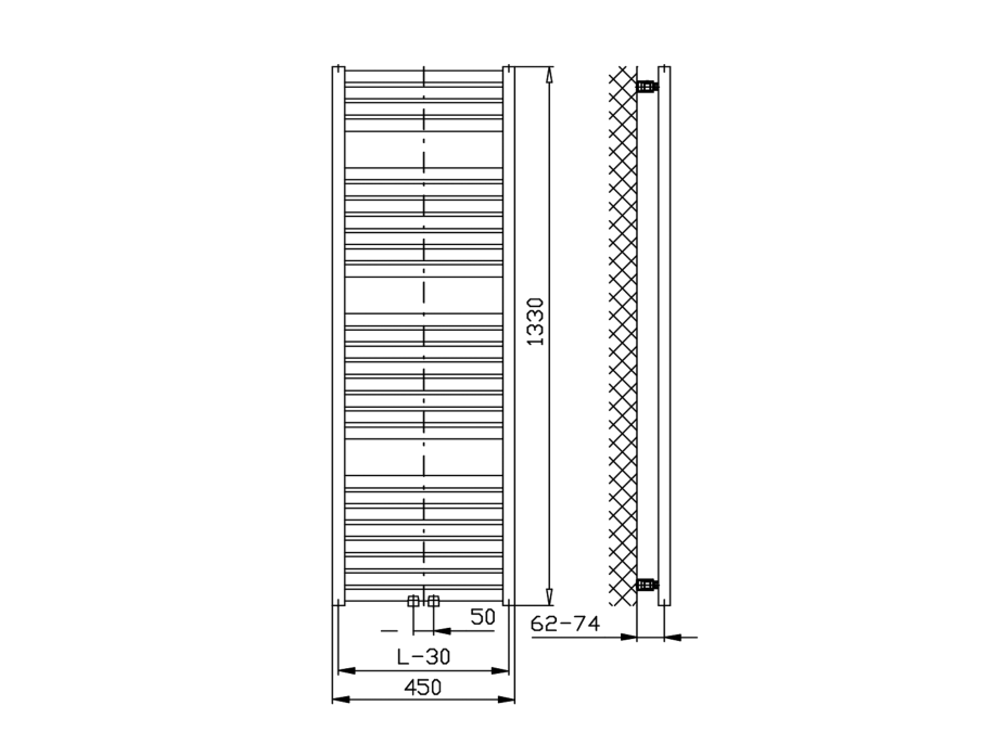 Aqualine TONDI vykurovacie teleso rovné 450x1330 mm, stredové pripojenie, biela DT470T