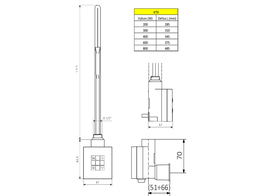 Sapho KTX vykurovacia tyč s termostatom, s krytom pre kábel, 600 W, chróm KTX-CW-600