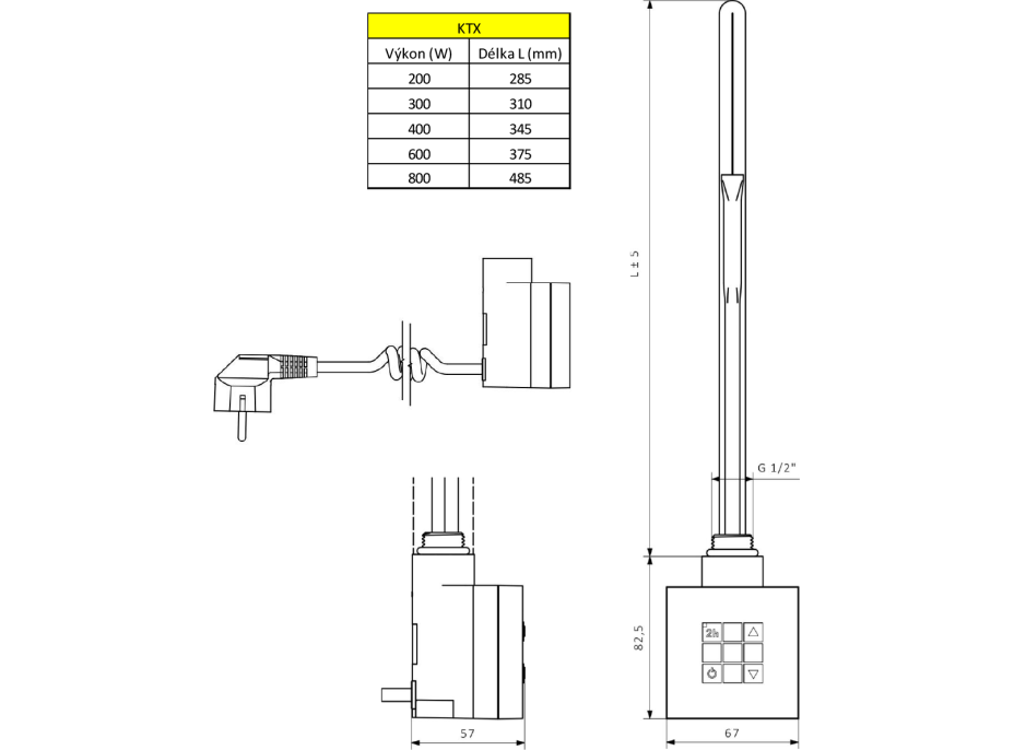 Sapho KTX vykurovacia tyč s termostatom, 800 W, chróm KTX-C-800