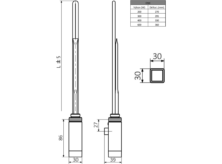 Sapho ONE vykurovacia tyč s termostatom, 400 W, chróm ONE-C-400