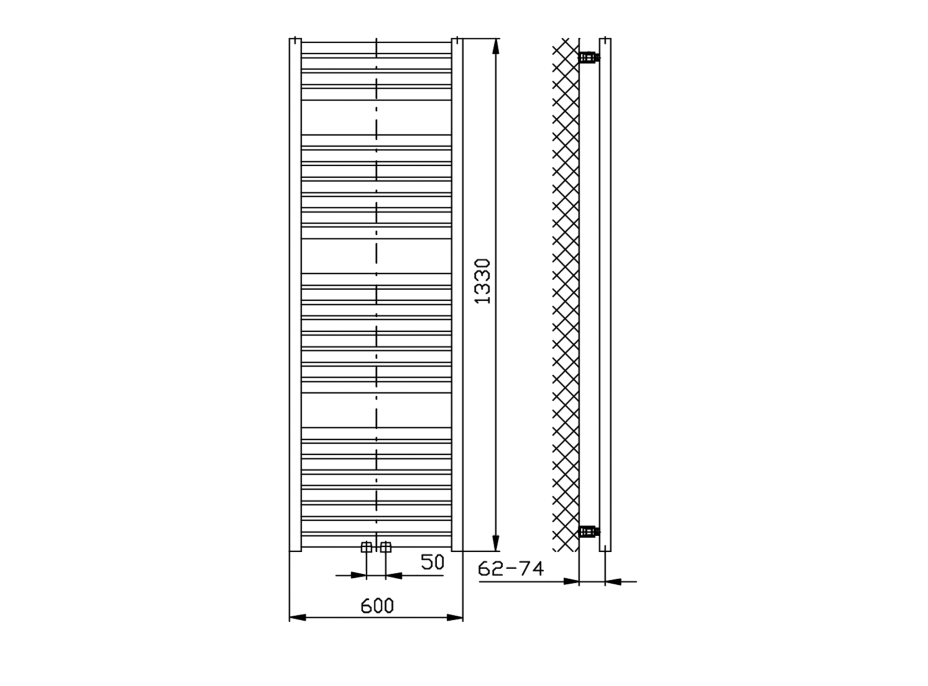 Aqualine TONDI vykurovacie teleso rovné 600x1330 mm, stredové pripojenie, čierna mat DT486T