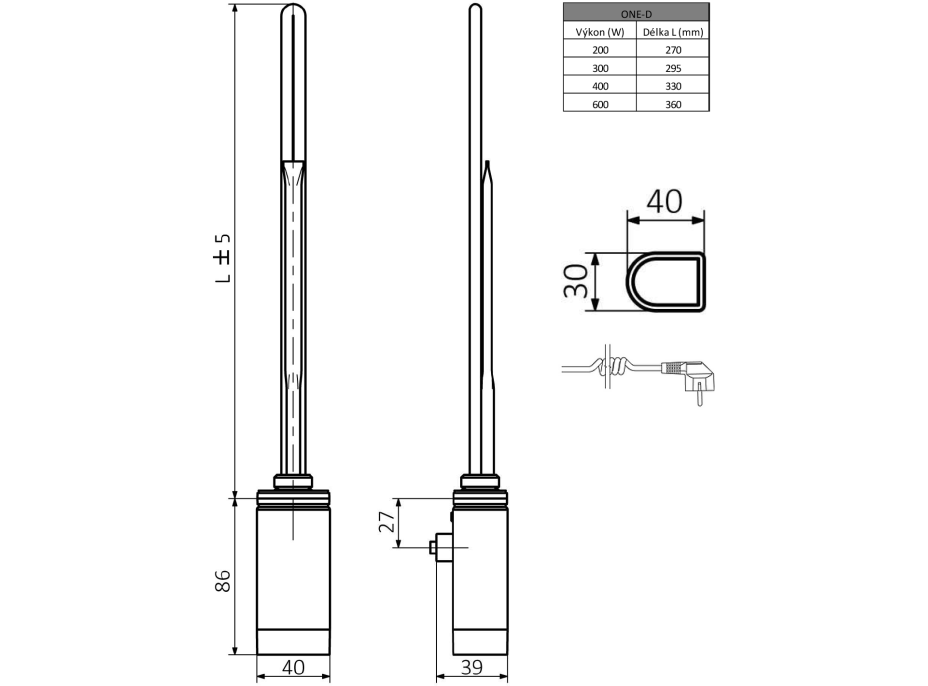 Sapho ONE D vykurovacia tyč s termostatom, 300 W, ľavá, chróm ONE-DL-C-300